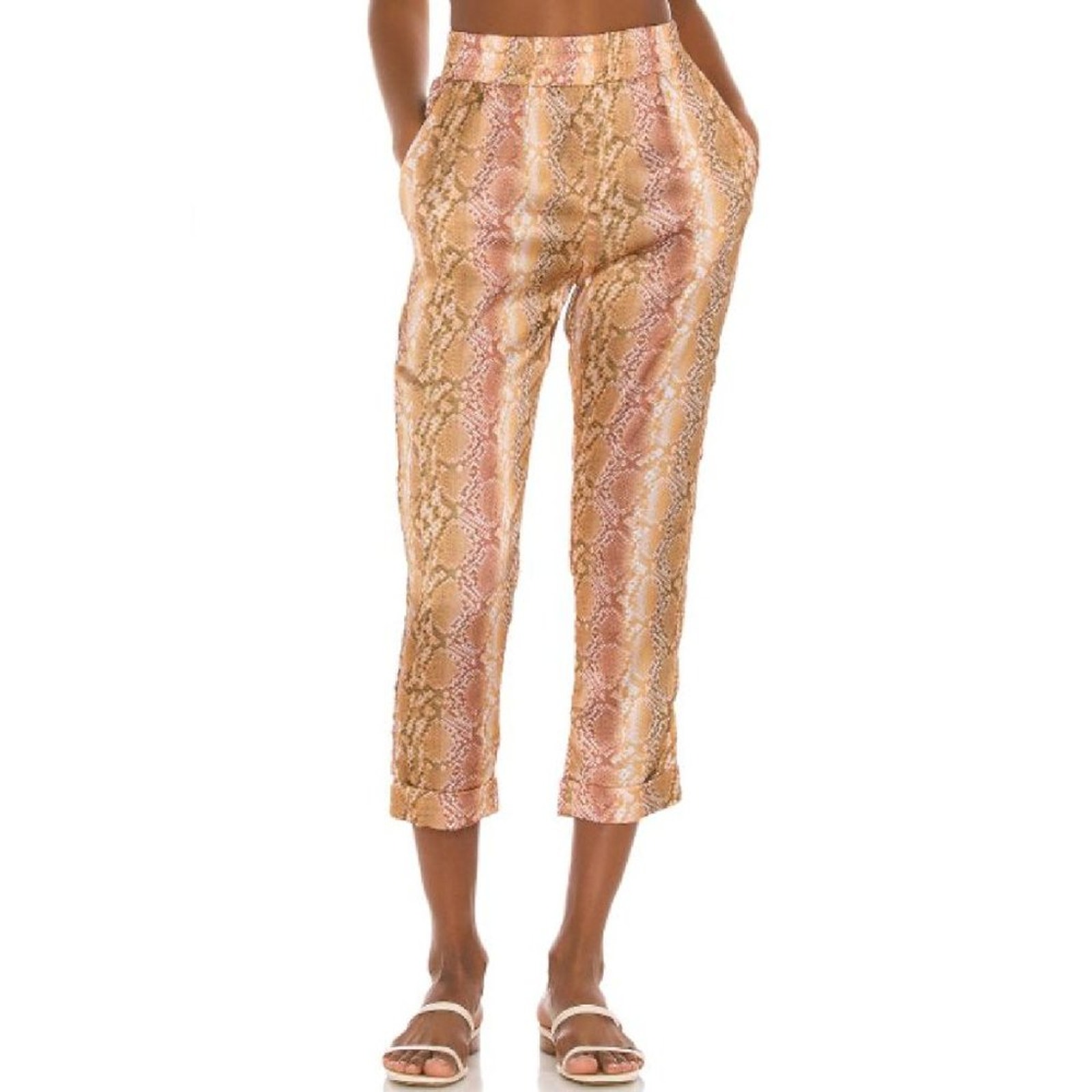 Beach Riot Avery Pant Golden Snakeskin Print Satin Crop Trouser Neutral X-Small
